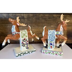 Jim Shore Holiday Traditions Reindeer Candle Holders Pair w/ Original‎ Boxes